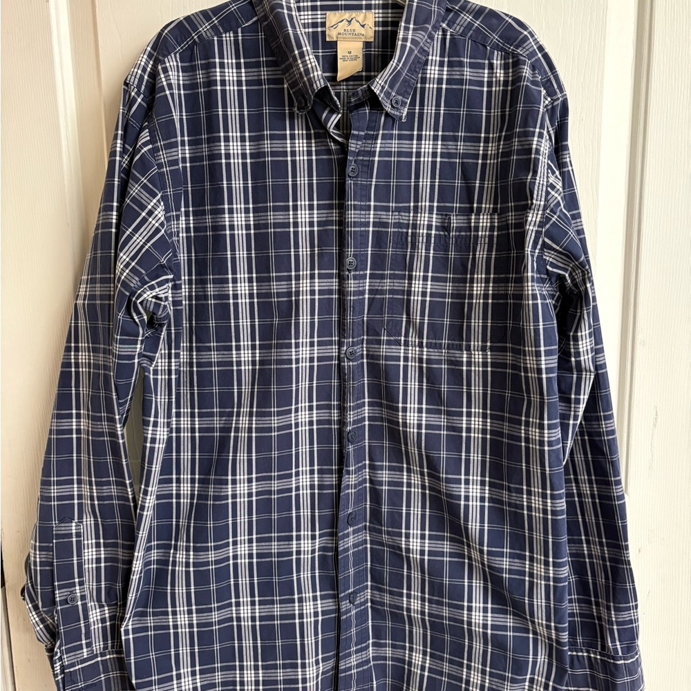 ❤️ Blue Mountain Men's Navy and White Plaid Button Down Shirt